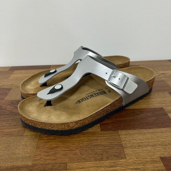 Birkenstock Shoes - Birkenstocks Gizeh Birko-Flor 41 Leather Thong Sandal Comfort Silver Metallic